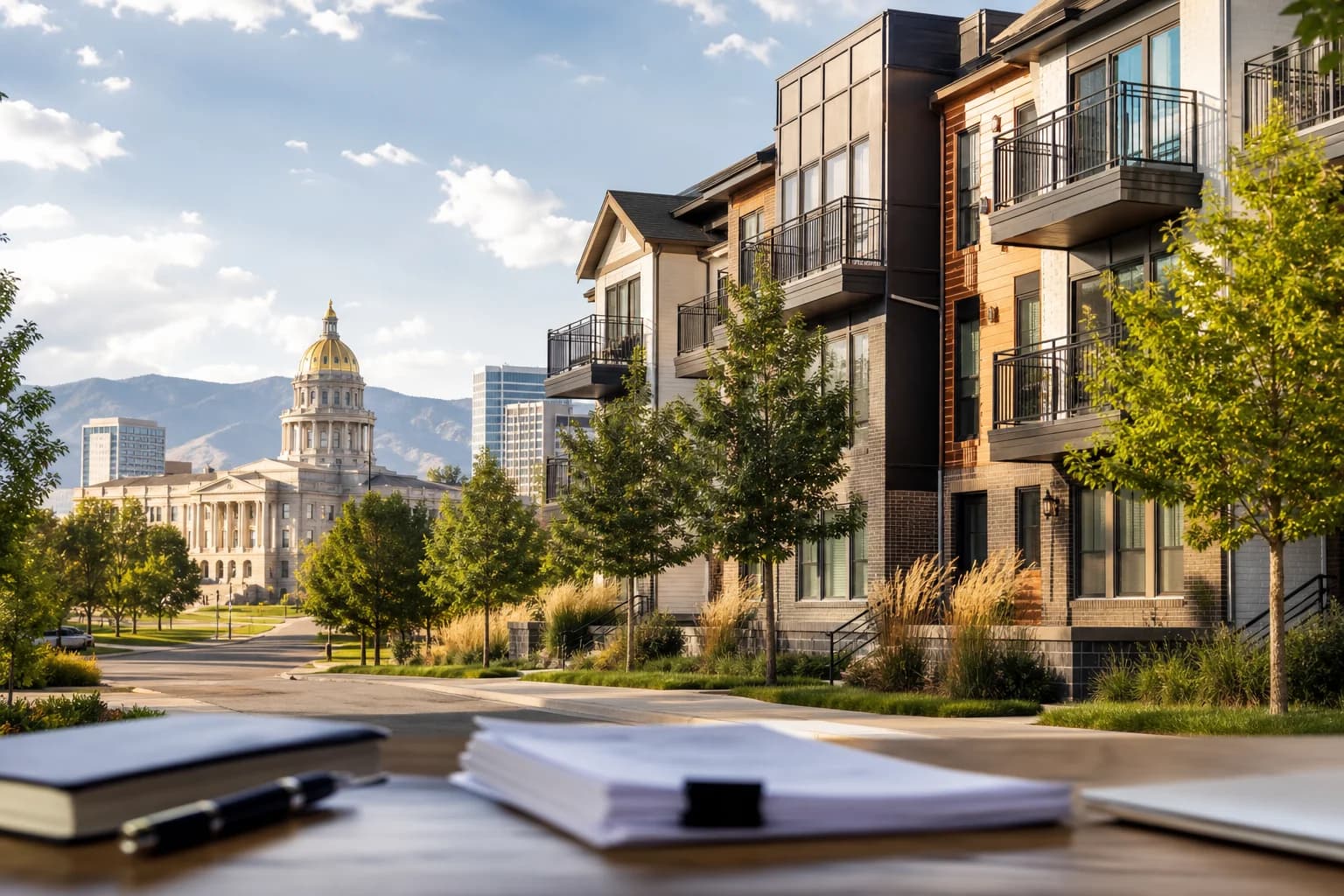 Denver multifamily housing near civic architecture with abstract policy papers in the foreground.