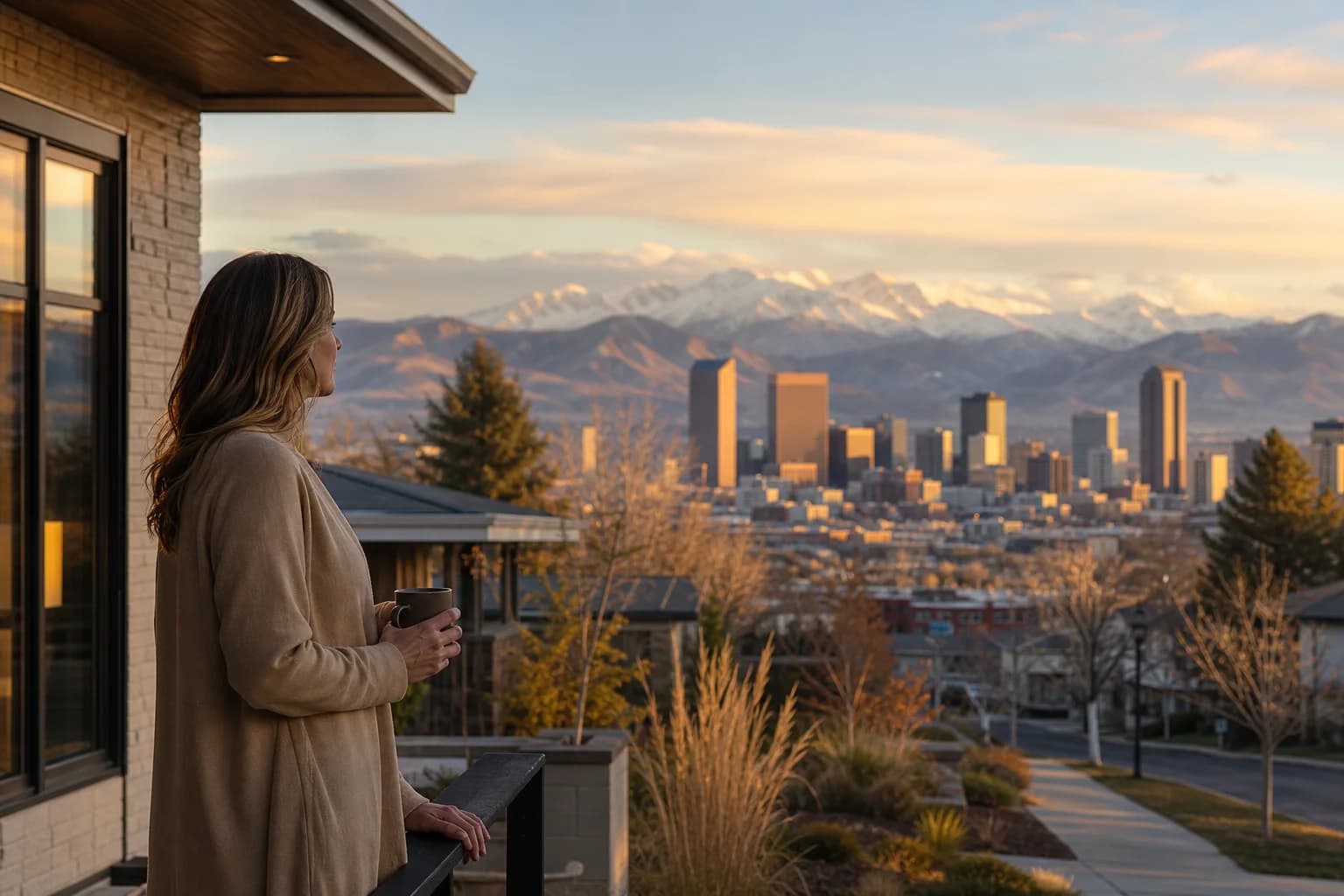 A calm Denver homeowner looking toward the city and mountains, suggesting a patient real estate strategy.