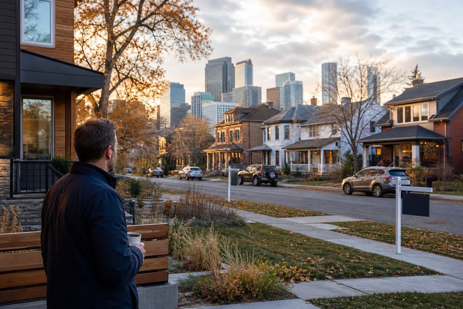 A Denver homeowner looking across a neighborhood with quiet listings and downtown in the background.