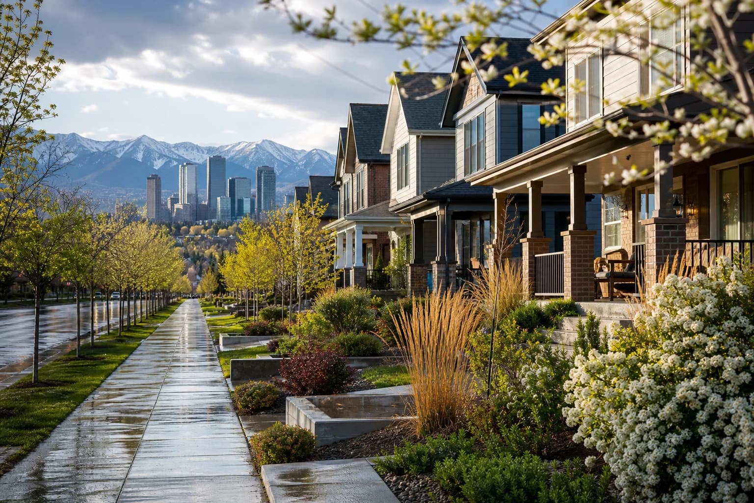 Denver homes and wet sidewalks after spring rain with the skyline and mountains beyond.