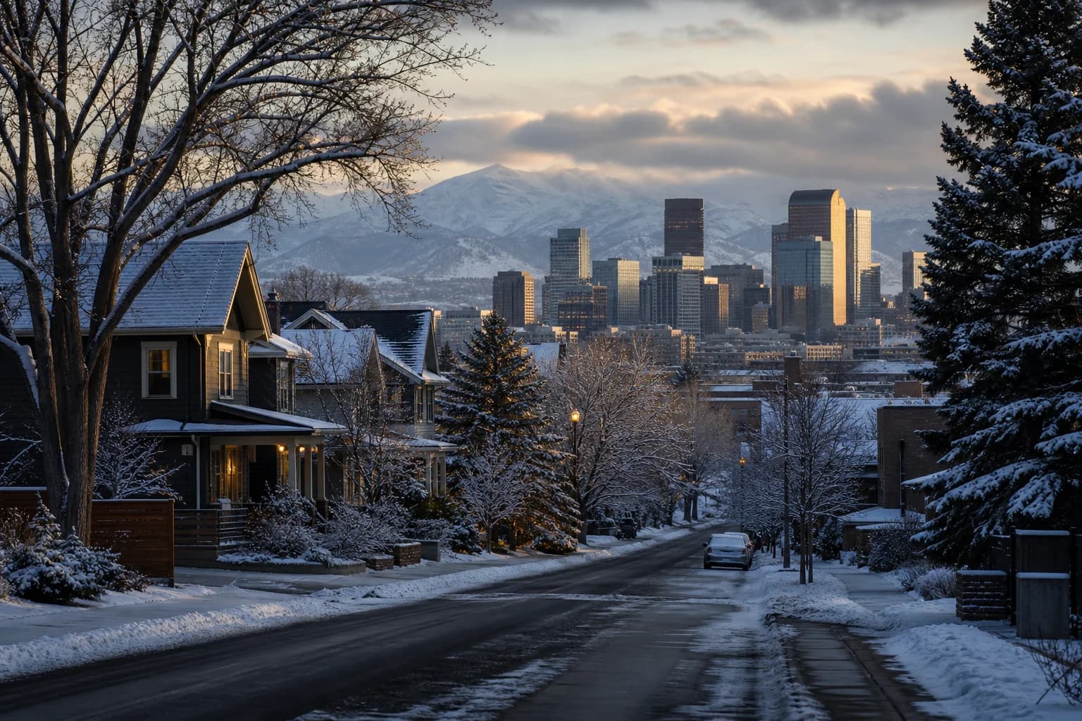 A quiet snow-covered Denver residential street during the holiday season.
