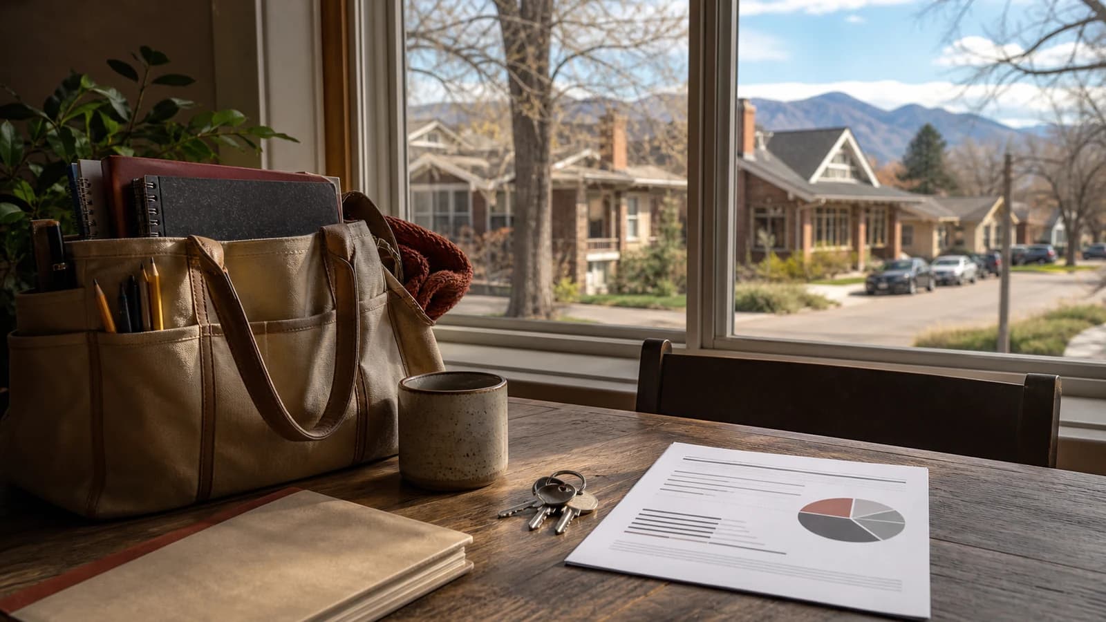 A school employee’s work tote, house keys and mortgage worksheet on a kitchen table overlooking a Denver-area neighborhood.