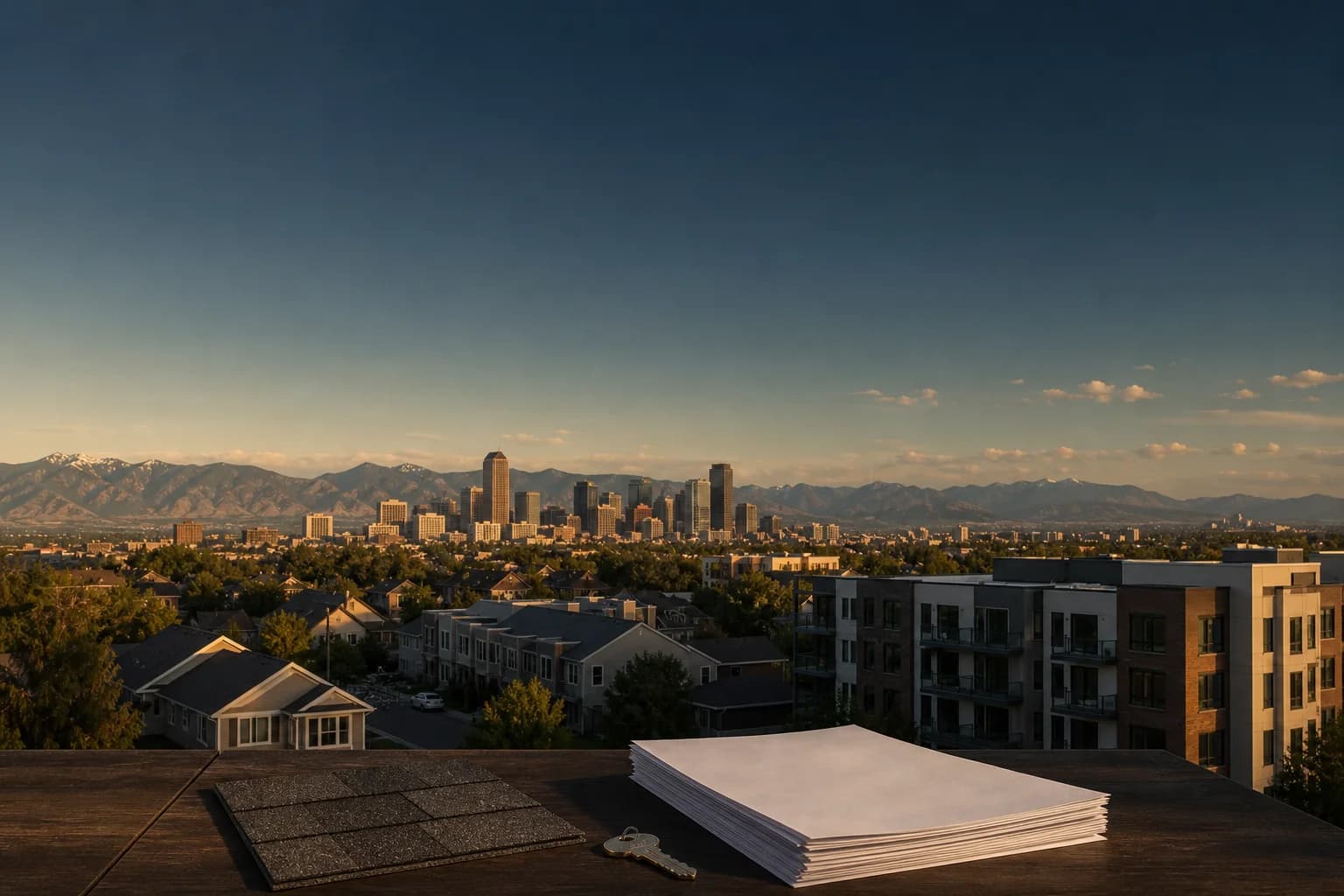 Denver homes, townhomes and apartments with roof material, house keys and policy papers overlooking the skyline and Front Range.