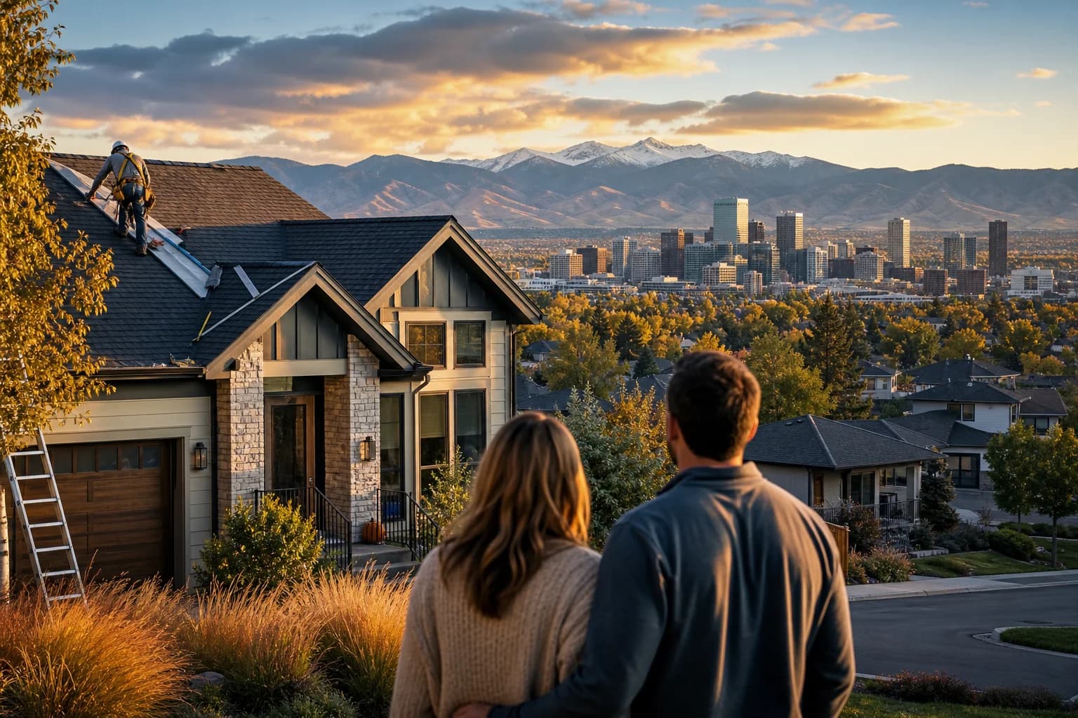 A Colorado home roofline beneath a dramatic hail-and-wildfire sky, evoking homeowner's insurance risk.