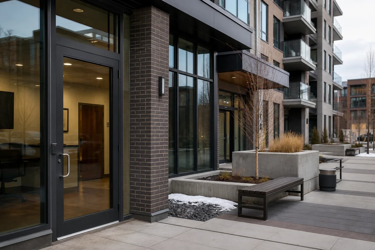 A contemporary Denver-metro mid-rise condo building lobby entrance in neutral daylight, with quiet glass doors and a still courtyard beyond, suggesting HOA and financing scrutiny rather than a luxury sales pitch.