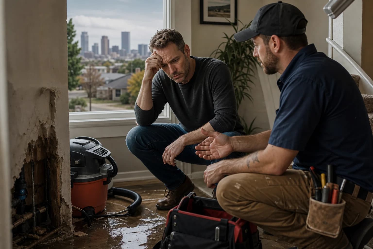 A Denver homeowner reviewing a repair situation with contractor tools nearby.