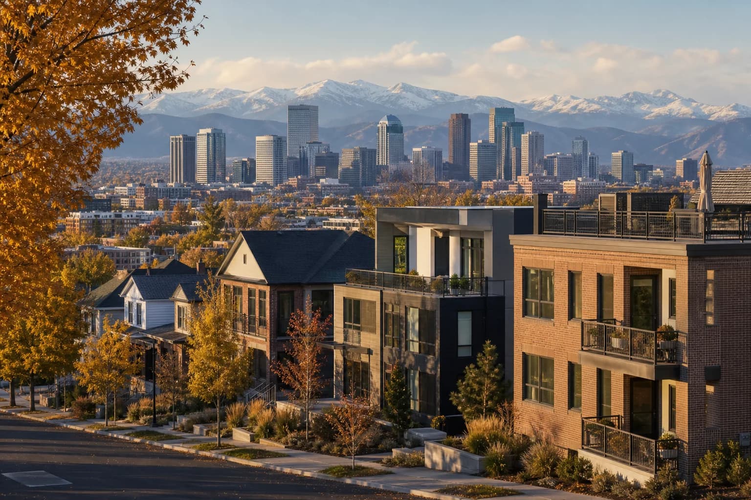 Denver homes and small multifamily buildings in late autumn light with the city skyline and mountains beyond.