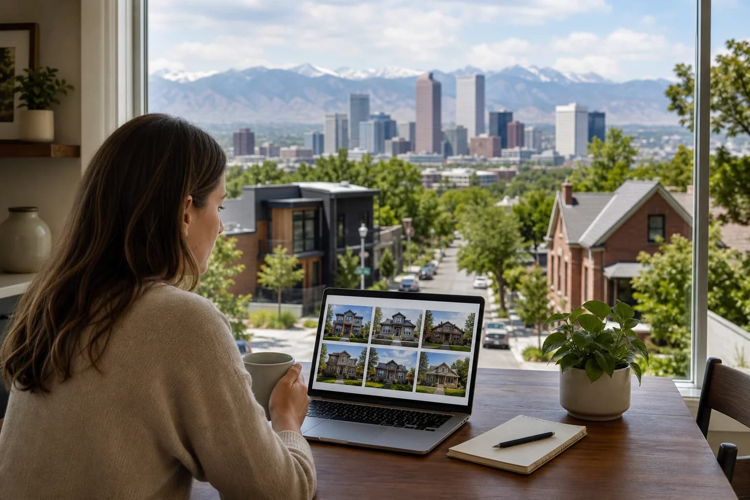 A person reviewing Denver home listings on a laptop with the skyline and Front Range visible beyond the window.