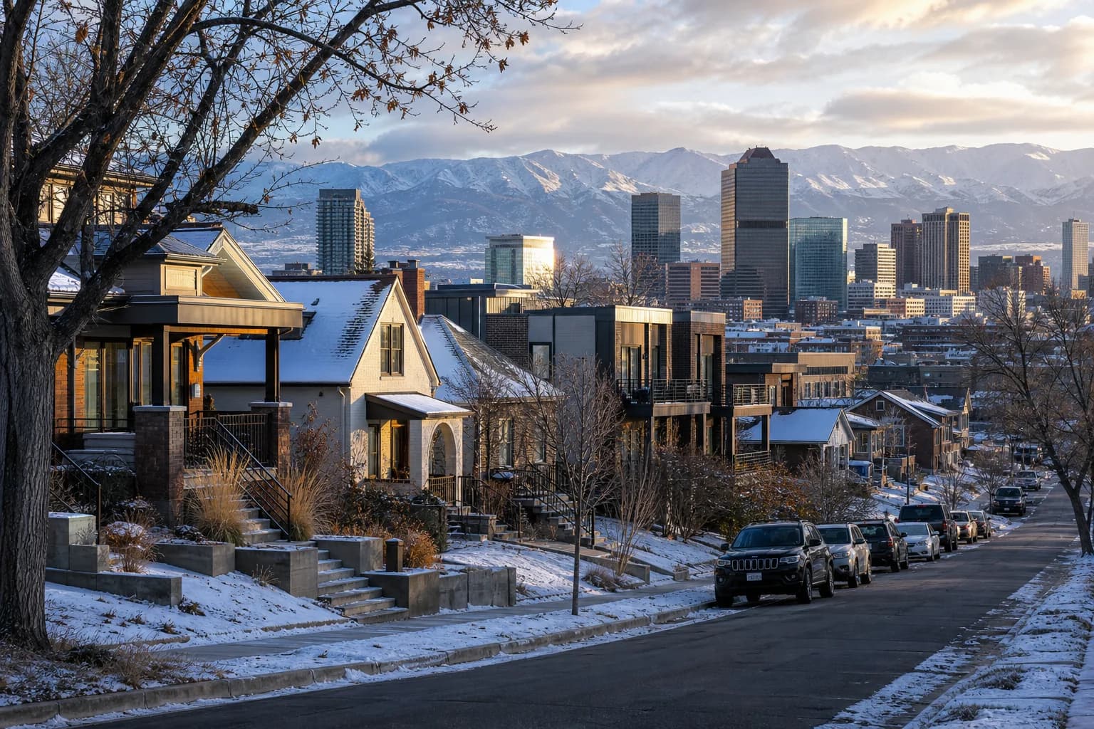 Denver homes and small multifamily buildings in early winter with the city skyline and mountains beyond.