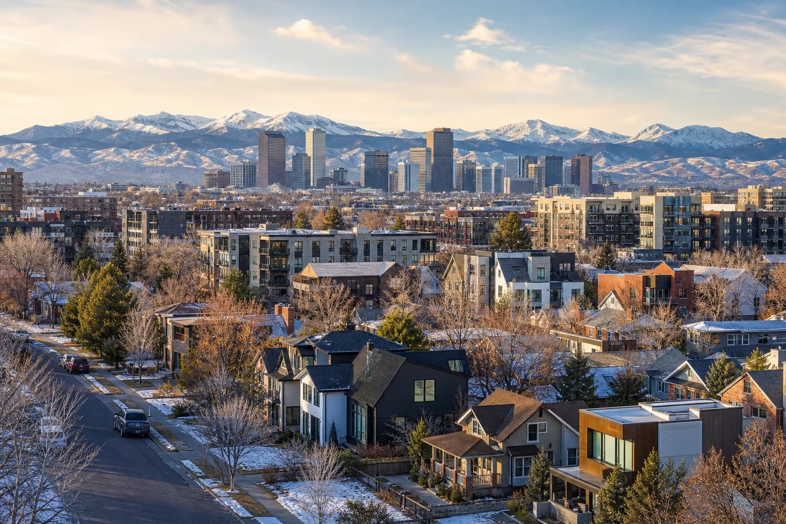 Denver homes and small multifamily buildings in late-winter light with the skyline and mountains beyond.
