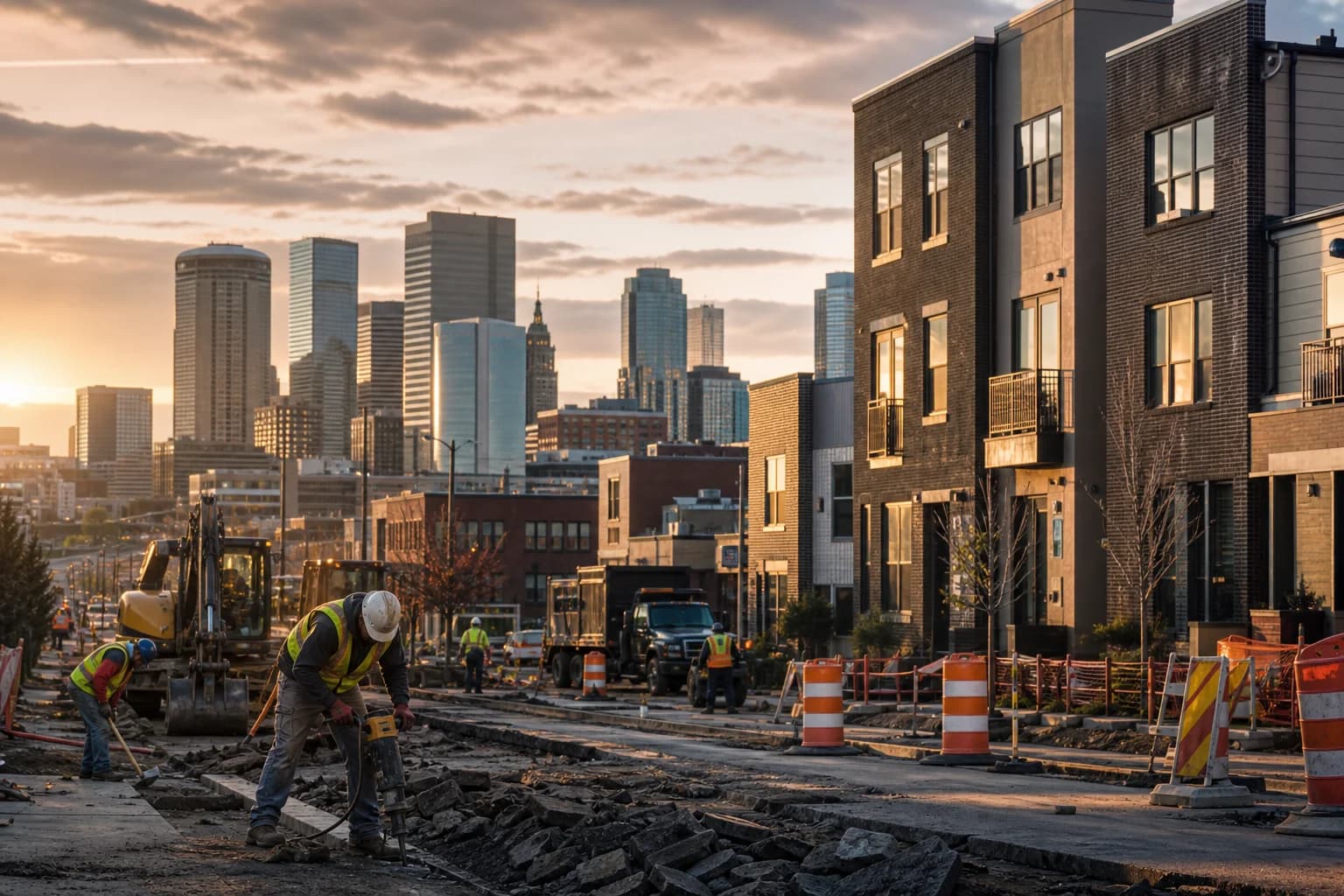 Denver street construction near homes and small mixed-use buildings, showing infrastructure disruption around investment areas.