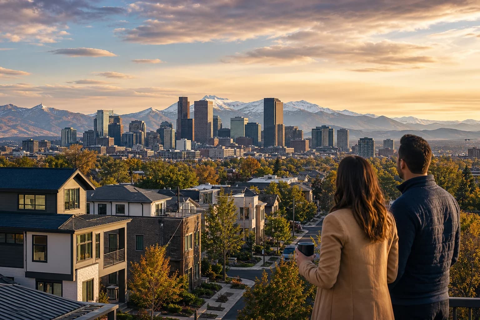 Denver residential rooftops and a neighborhood street grid with the skyline and mountains in the distance.