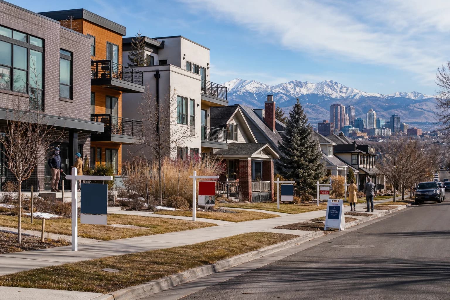 Denver homes and small multifamily buildings on a residential street with signs of rising listing activity.
