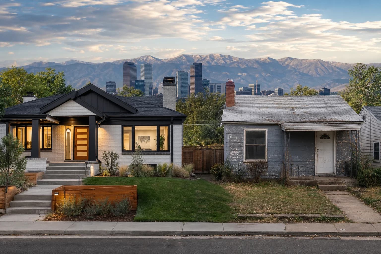 Two Denver homes side by side, one renovated and one tired, illustrating the market quality gap.