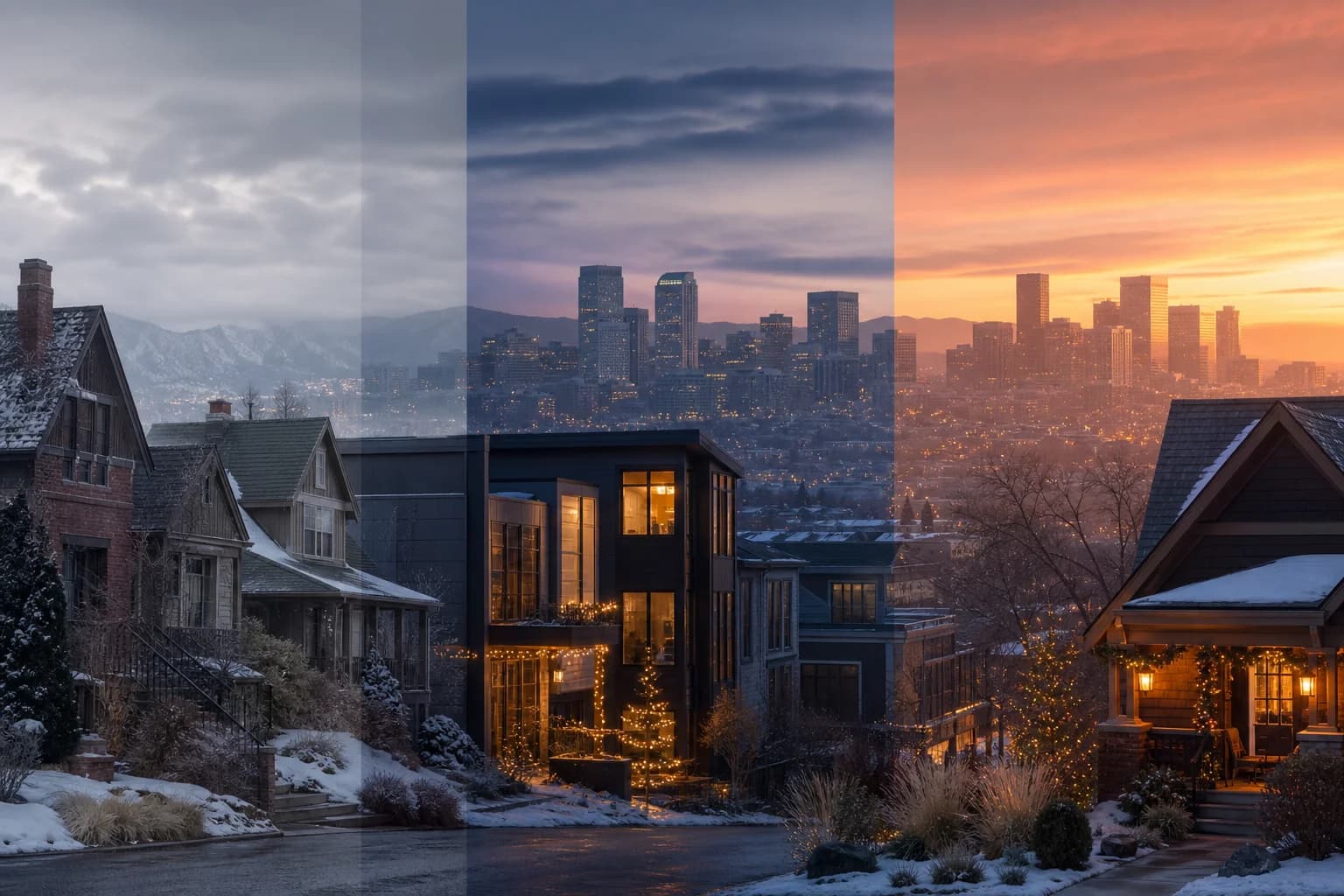 Denver homes in three subtle winter holiday moods, suggesting past, present, and future market conditions.