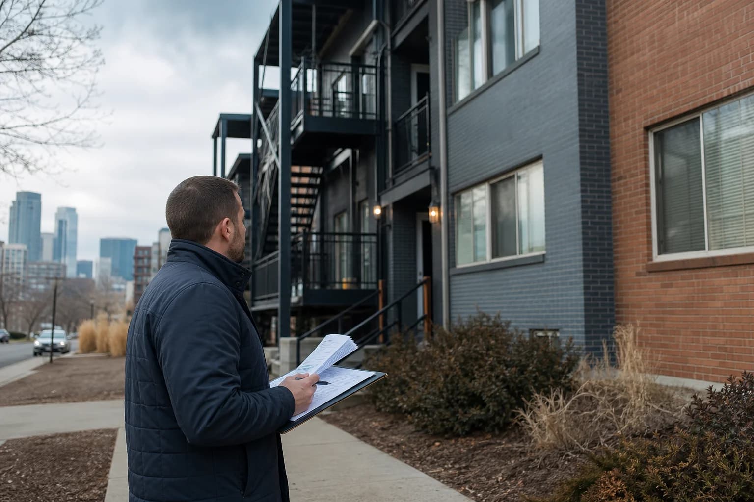 A person reviewing compliance paperwork outside a Denver multifamily rental property.