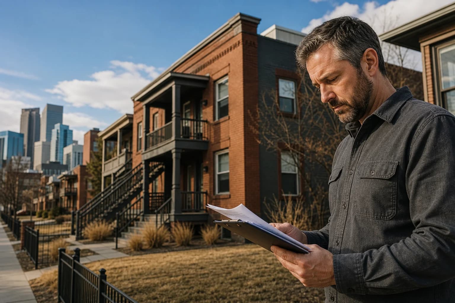 A person reviewing paperwork outside a Denver rental property with the city in the background.