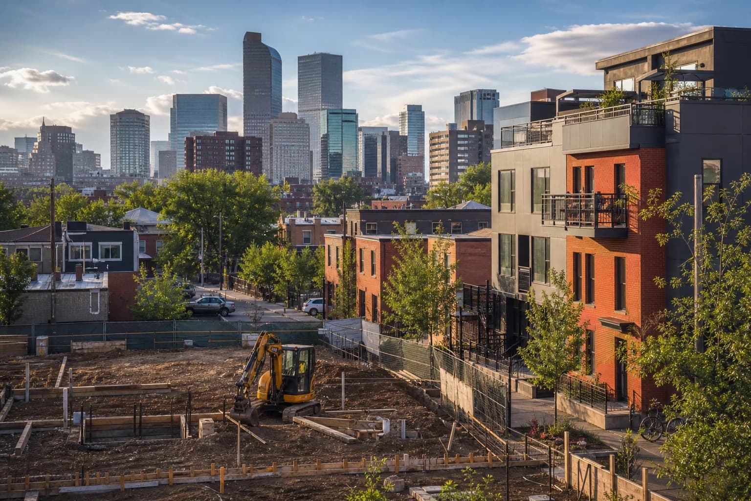 A Denver infill construction site with rowhomes and mixed-use development context.