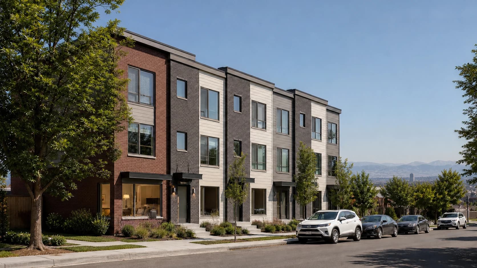 A modest row of contemporary Denver townhomes, with a furnished ground-floor unit and the Front Range in the distance.