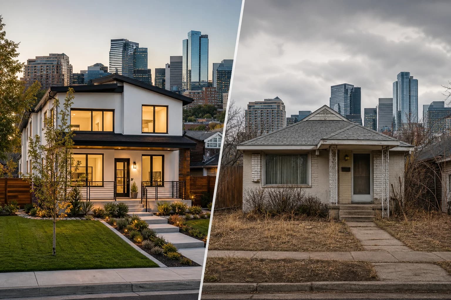 Two Denver homes shown in contrast, one polished and one tired, suggesting different pricing outcomes.