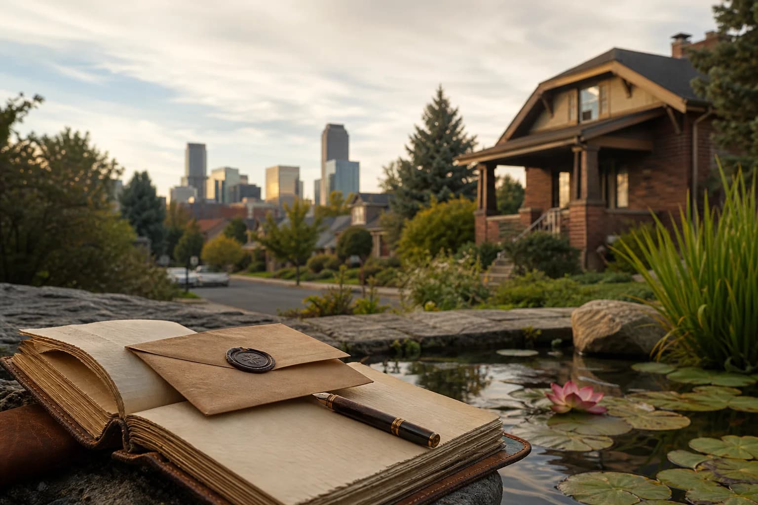 An old letter beside a lily pond with Denver homes and skyline in the background.
