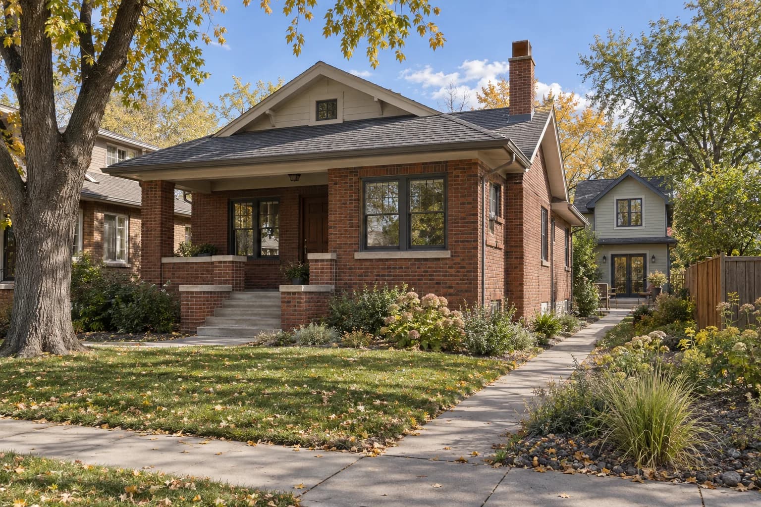 An older Denver brick bungalow with a small new cottage home built behind it in the backyard, on a tree-lined street in afternoon daylight.