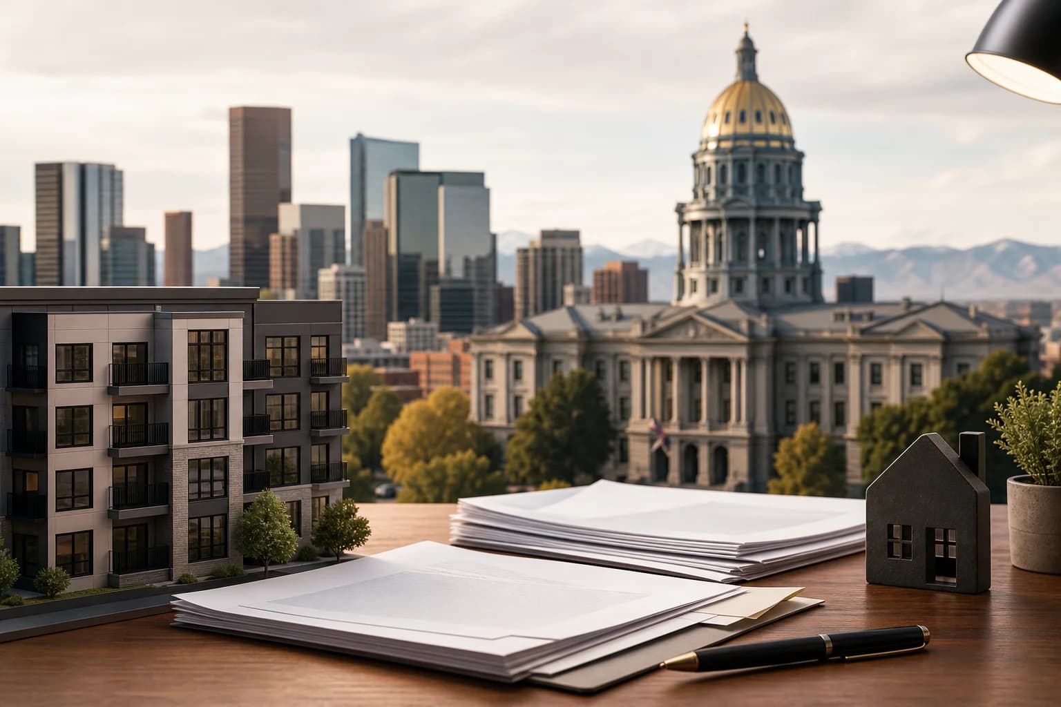 Colorado civic architecture and Denver rental housing with abstract policy papers in the foreground.