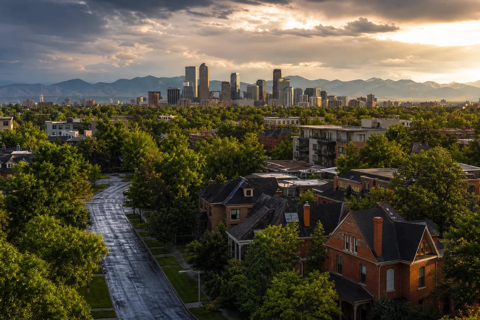 A leafy Denver residential neighborhood and downtown skyline after a summer storm with the Front Range beyond.