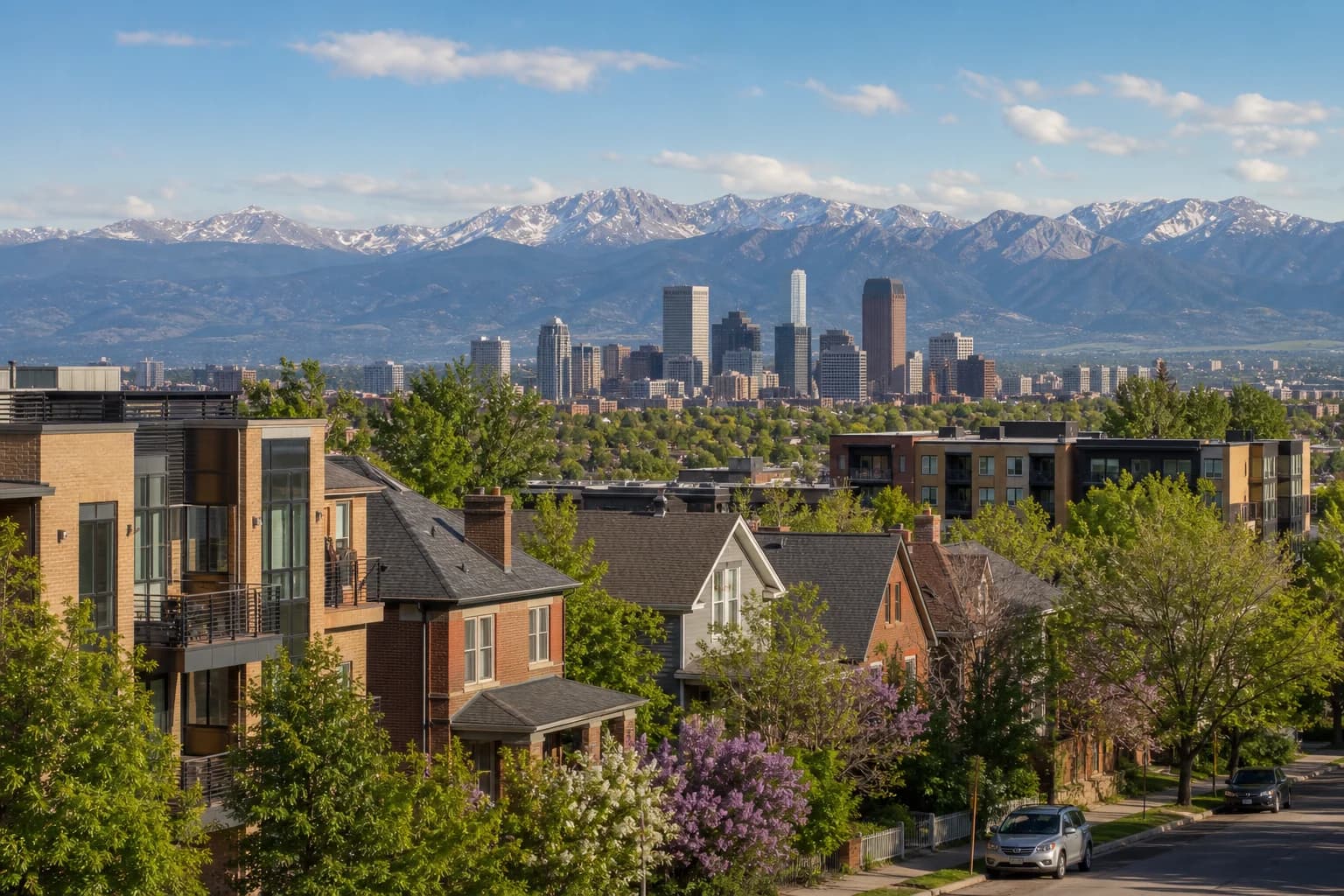 Denver homes and low-rise apartment buildings in spring light with the Front Range beyond the city.