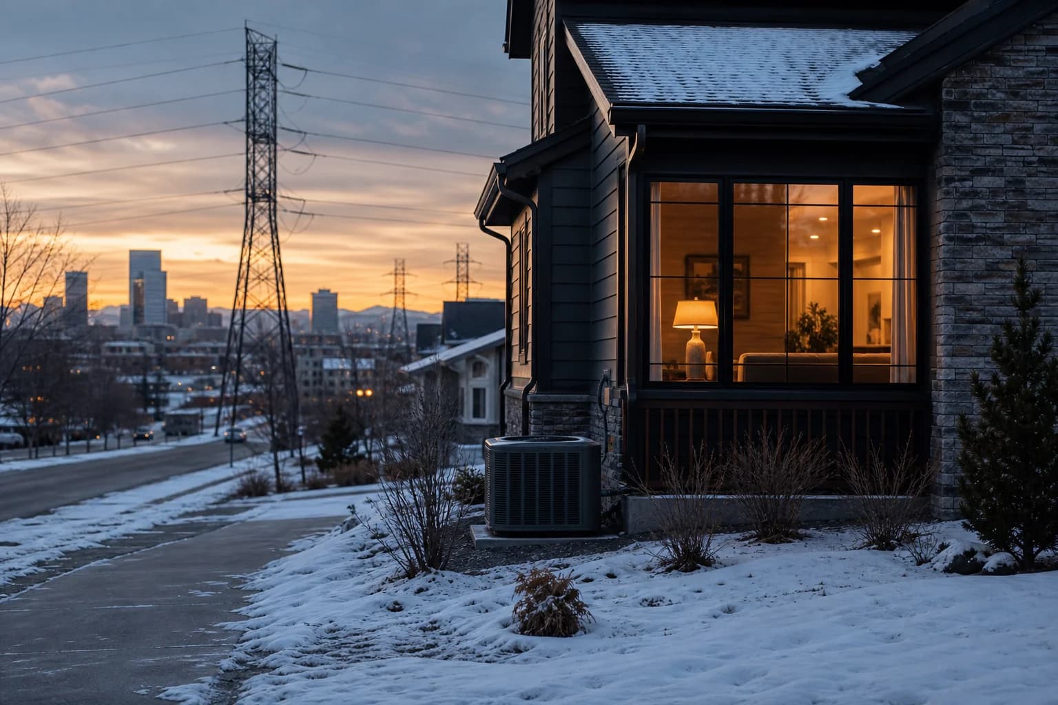 A Denver home on a cold evening with utility lines and warm interior light suggesting rising energy costs.