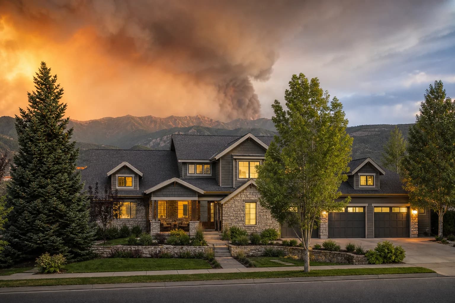 A Denver-area home under smoky storm light with mature trees suggesting home insurance risk.
