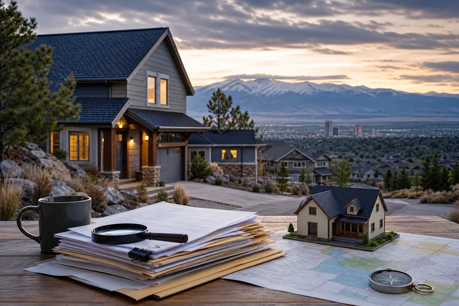 A foothills rental property scene with policy paperwork and a neighborhood map suggesting short-term rental compliance.