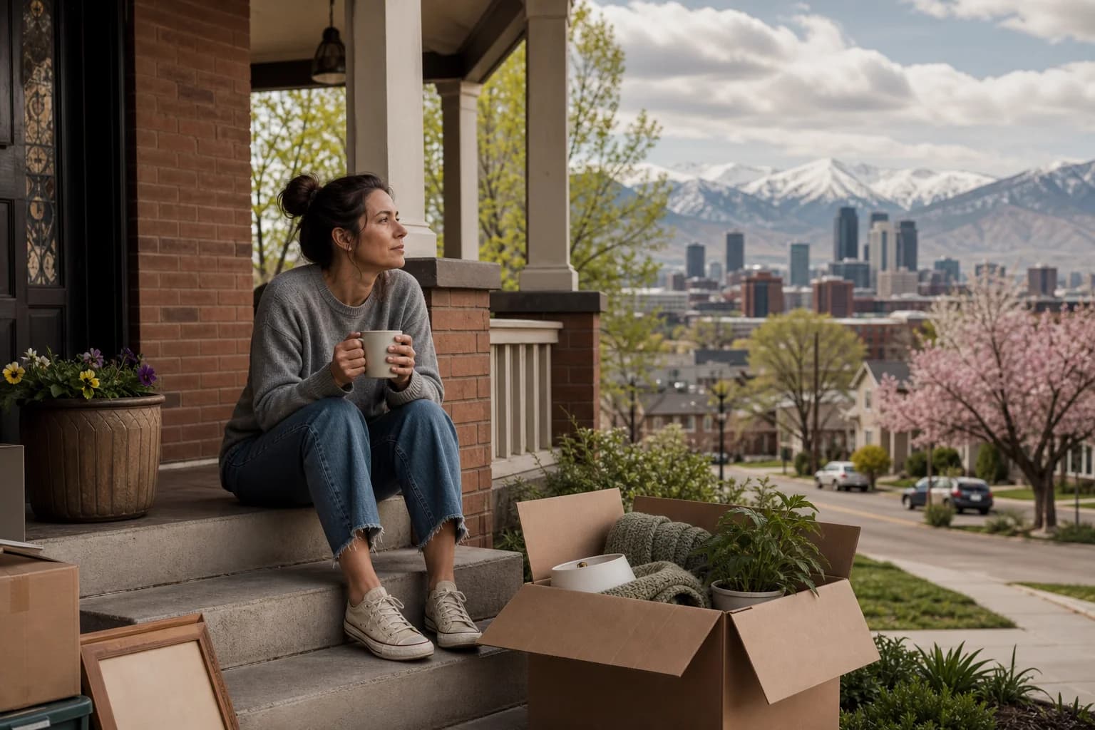 A quiet Denver front porch in spring with moving boxes suggesting a homeowner preparing for a decision.