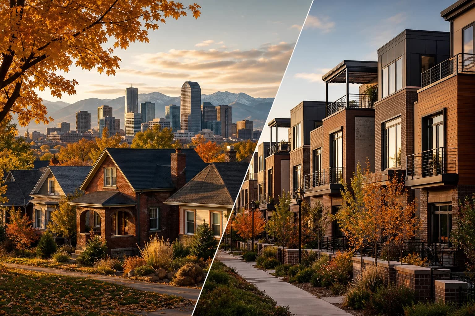 Denver detached homes and attached housing shown in autumn light, suggesting diverging market segments.