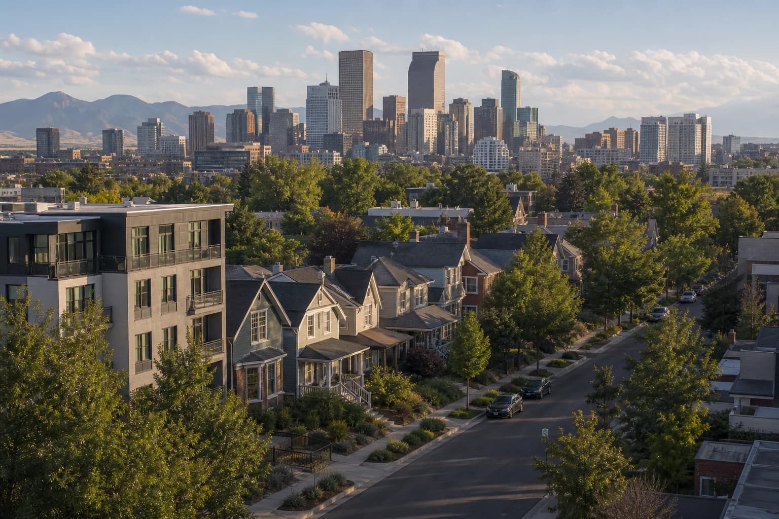 Denver residential streets and small multifamily buildings in late-summer light with the skyline beyond.