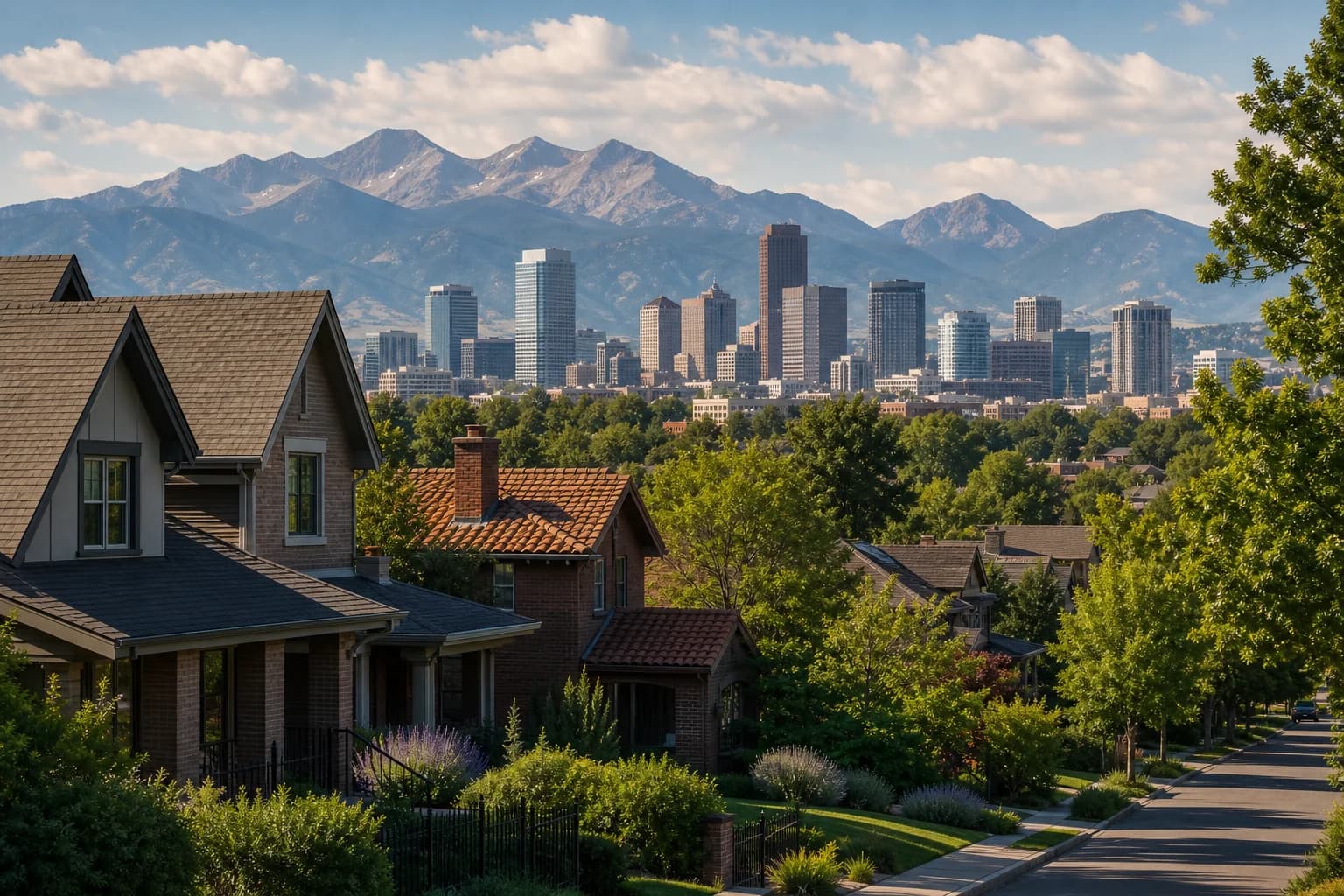 Denver homes in midsummer light with the city skyline and mountains in the distance.