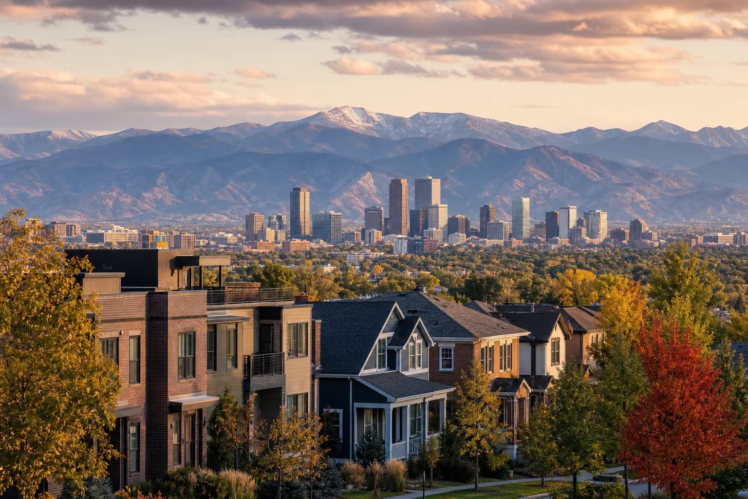 Denver homes and small multifamily buildings in early fall light with the skyline and mountains beyond.
