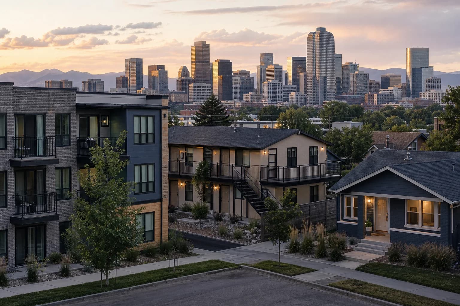 Small Denver rental buildings and homes at sunset with the city skyline beyond.