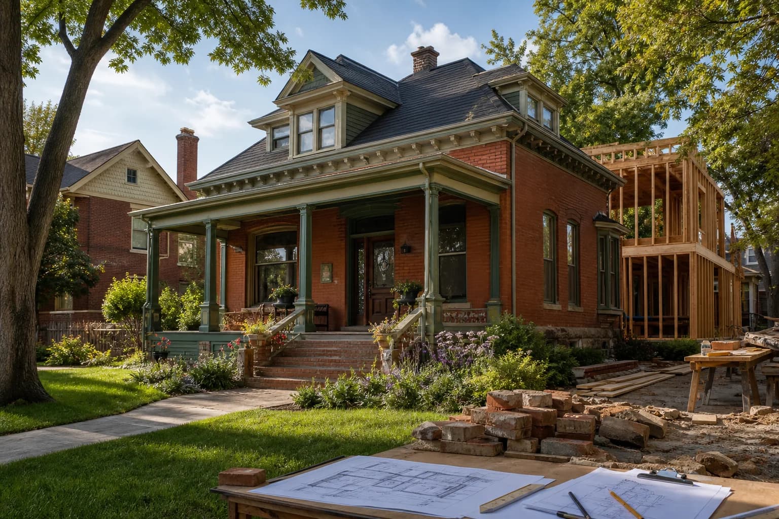 A historic Denver home with renovation framing beside it, suggesting the Wash Park preservation debate.