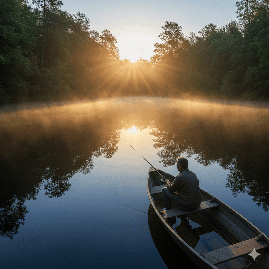 A person fishing in a boat on a misty pond, symbolizing the strategic investor in today's Denver real estate market.