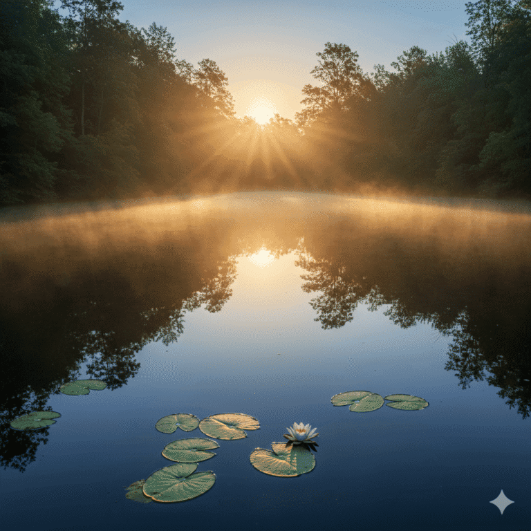 A calm pond at sunrise with a few lily pads, representing the start of Denver real estate investing opportunities.