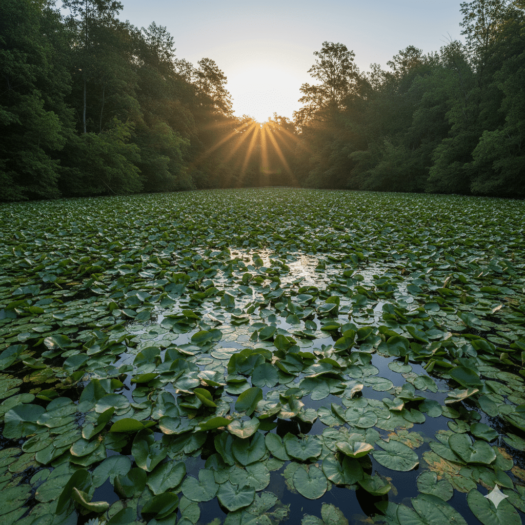 A pond completely covered and overwhelmed by lily pads, symbolizing an overheated Denver real estate investing market.