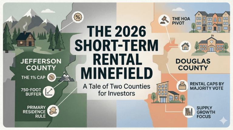 Infographic comparing 2026 short-term rental regulations and tax rates in Jefferson and Douglas County.